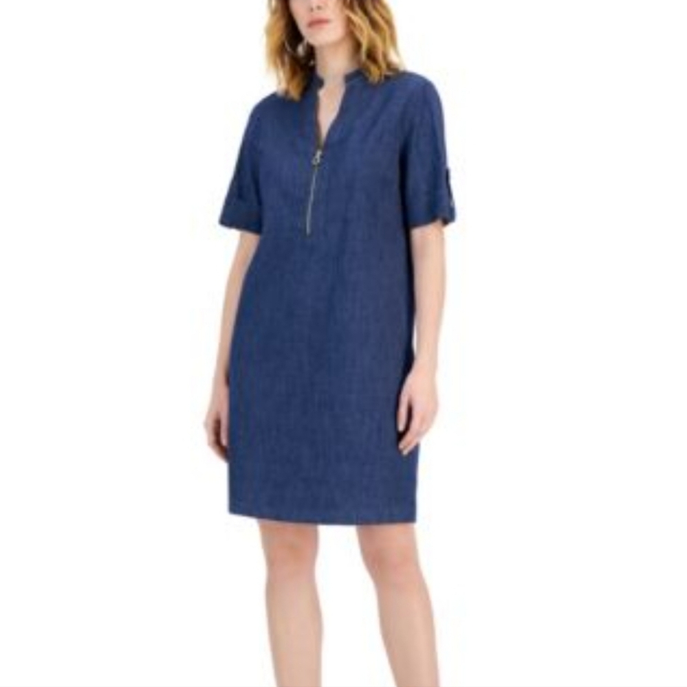 Anne Klein Dress Sz4 Blue Chambray, Tab Cuffs, Gold Zip-Front, Shift Style, New!